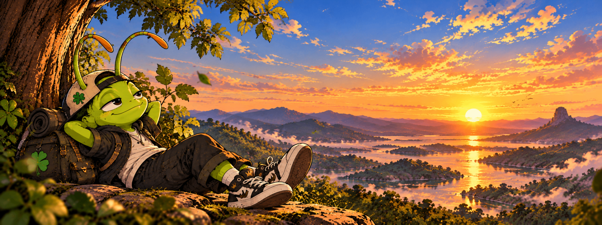 Lucky Criket relaxing beneath a tree at sunset
